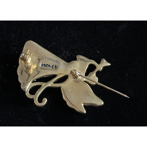 Monet Gold Tone Rhinestone Christmas Angel with Horn Brooch‎ Pin - Picture 3 of 3